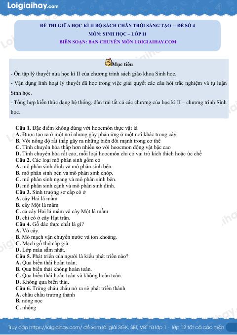 Đề thi giữa học kì 2 Sinh 11 Chân trời sáng tạo - Đề số 4